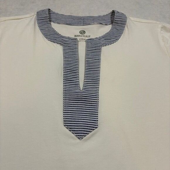 Marleylilly Womens Dress Large White Blue Stripe Trim Short Sleeve Casual Tunic - Picture 4 of 9